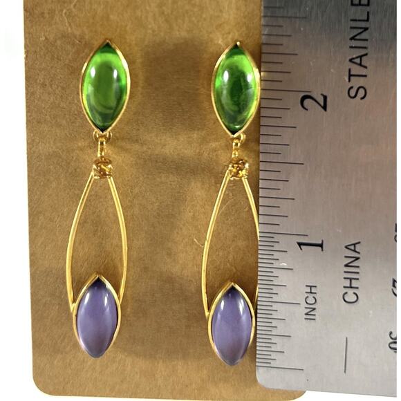 Gold Tone Dangle Earrings with Green & Purple Marquise Cabochons 2” - Picture 5 of 5